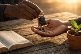 African American hands passing keys beside Bible and sprout at sunrise