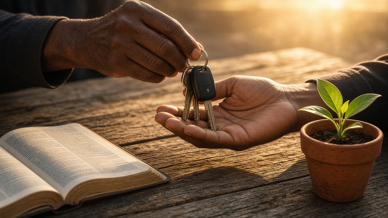 African American hands passing keys beside Bible and sprout at sunrise