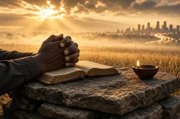 African American hands folded in prayer on an open Bible at a stone altar at sunrise