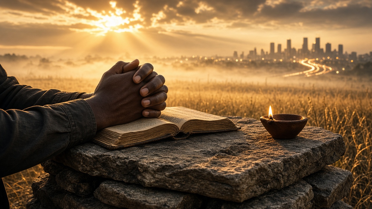 African American hands folded in prayer on an open Bible at a stone altar at sunrise