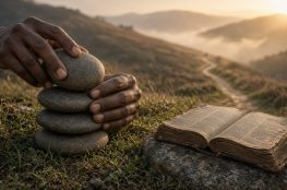 African American hands stacking memorial stones on a hillside at sunrise beside an open Bible.