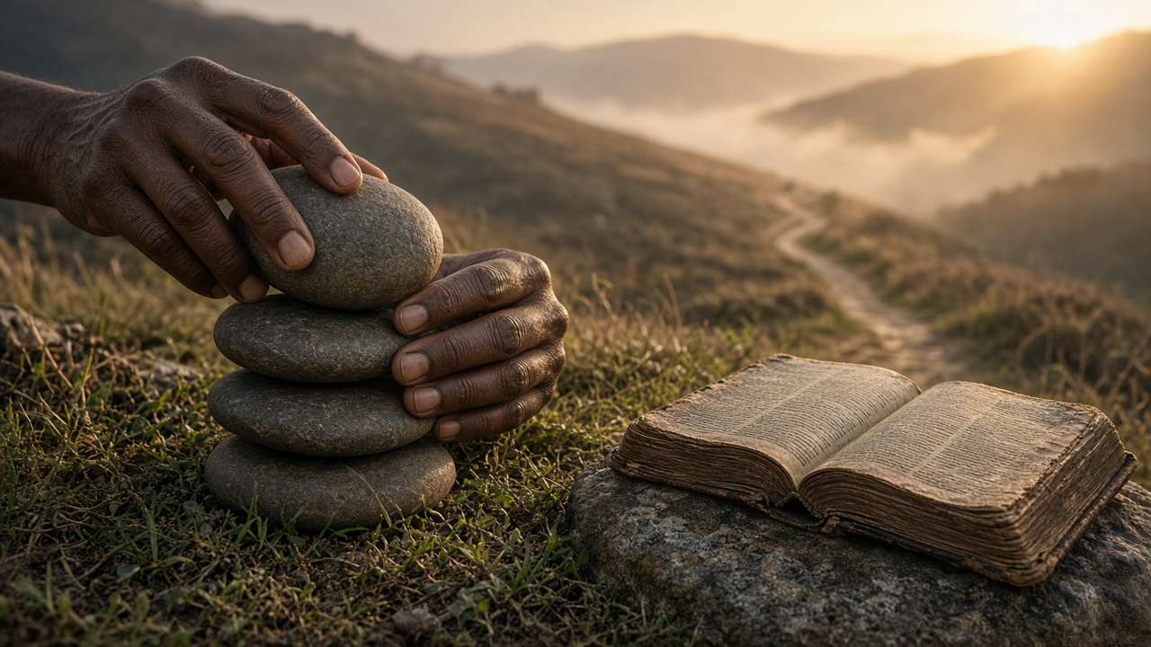 African American hands stacking memorial stones on a hillside at sunrise beside an open Bible.