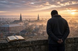 African American man seen from behind praying on a stone wall over a sleeping city at dawn, open Bible beside him.