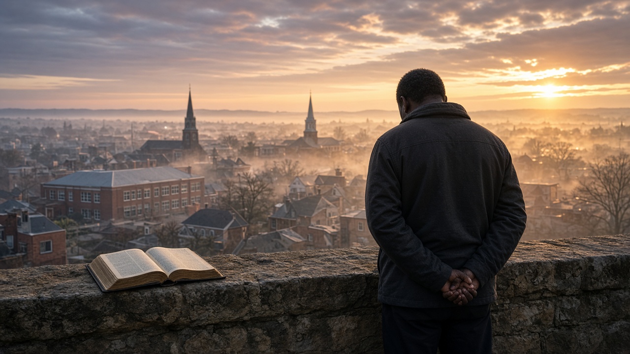 African American man seen from behind praying on a stone wall over a sleeping city at dawn, open Bible beside him.